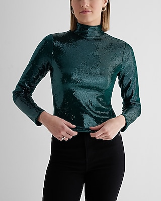 Bodycon Sequin Mock Neck Long Sleeve Tee