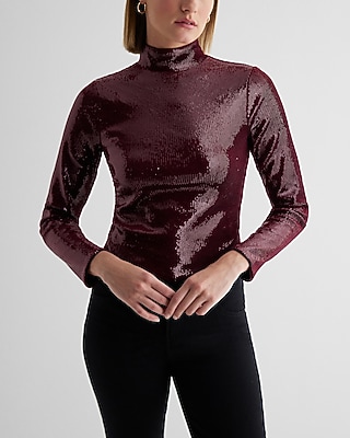 Bodycon Sequin Mock Neck Long Sleeve Tee Red Women's XL