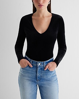 Bodycon Velvet V-Neck Long Sleeve Bodysuit
