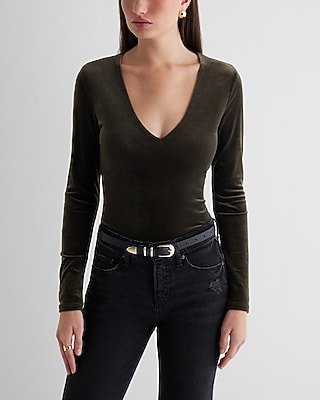 Bodycon Velvet V-Neck Long Sleeve Bodysuit Purple Women's L