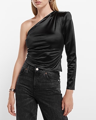 Satin Draped One Padded Shoulder Ruched Top