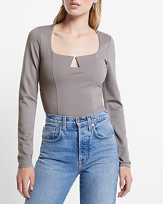 Fitted V-Wire Ponte Long Sleeve Thong Bodysuit Gray Women's S