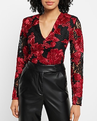 Lace Embroidered V-Neck Long Sleeve Thong Bodysuit