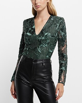Lace Embroidered V-Neck Long Sleeve Thong Bodysuit Green Women's S