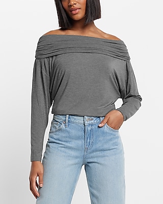 Off The Shoulder Dolman Sleeve Ruched Overlay Top Gray Women's M