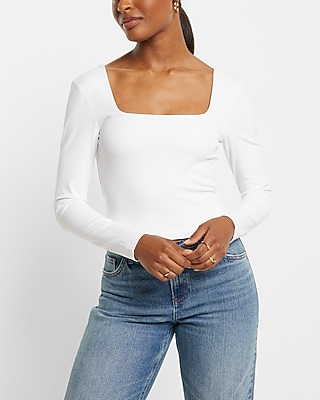 Bodycon High Compression Square Neck Long Sleeve Crop Top White Women's L