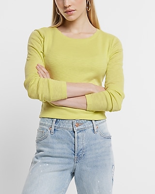 Fitted Crew Neck Long Sleeve Crop Top Yellow Women's L