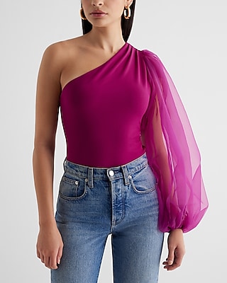 Organza Sleeve One Shoulder Pleated Bodysuit