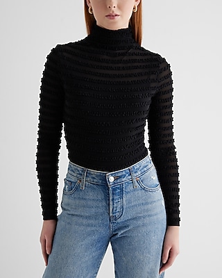 Fitted Mesh Mock Neck Long Sleeve Ruffle Top