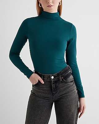 Bodycon High Compression Mock Neck Long Sleeve Bodysuit Green Women's XS
