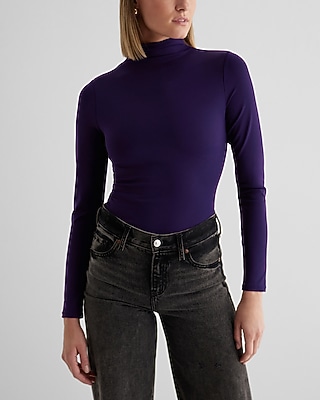 Bodycon High Compression Mock Neck Long Sleeve Bodysuit Purple Women's S