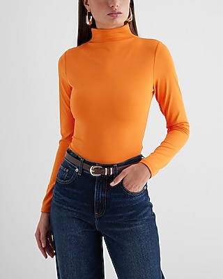 Bodycon High Compression Mock Neck Long Sleeve Bodysuit Orange Women's M