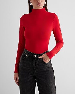 Bodycon High Compression Mock Neck Long Sleeve Bodysuit Red Women's M