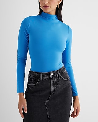 Bodycon High Compression Mock Neck Long Sleeve Bodysuit Blue Women's L