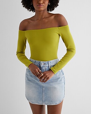 Bodycon High Compression Off The Shoulder Bodysuit Green Women's S
