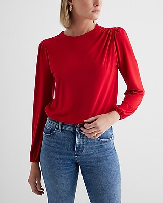 Skimming Crew Neck Puff Sleeve Bodysuit Red Women's XS
