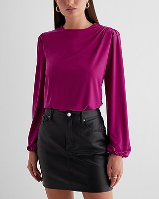 Skimming Crew Neck Puff Sleeve Bodysuit Pink Women's L