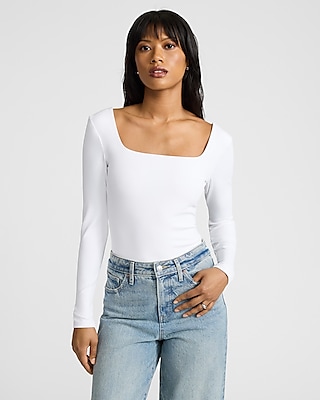 Bodycon High Compression Square Neck Long Sleeve Tee White Women's XL