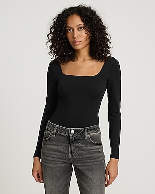 Bodycon High Compression Square Neck Long Sleeve Tee Black Women's L