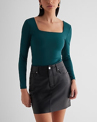Bodycon High Compression Square Neck Long Sleeve Tee Green Women's L