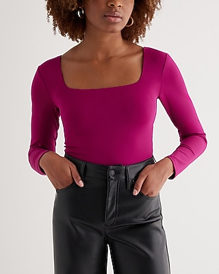 Bodycon High Compression Square Neck Long Sleeve Tee Pink Women's M