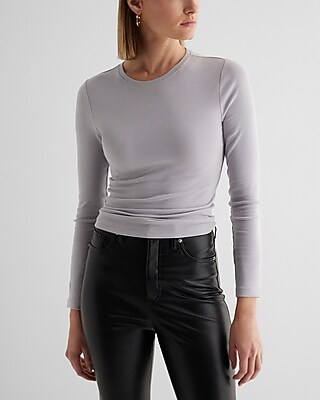 Fitted Ribbed Crew Neck Long Sleeve Tee White Women's M