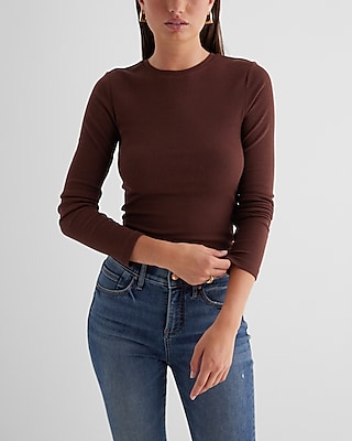 Fitted Ribbed Crew Neck Long Sleeve Tee Brown Women's XL