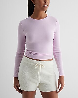 Fitted Ribbed Crew Neck Long Sleeve Tee Pink Women's L