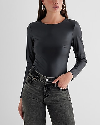Bodycon Faux Leather Crew Neck Long Sleeve Bodysuit