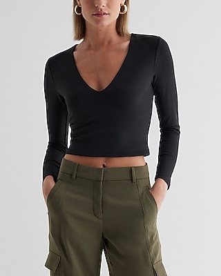 Bodycon High Compression V-Neck Long Sleeve Crop Top Black Women's S