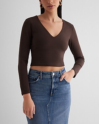 Bodycon High Compression V-Neck Long Sleeve Crop Top Brown Women's M