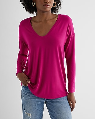 Supersoft Relaxed V-Neck Long Sleeve Tee Pink Women's L
