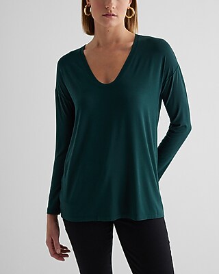 Supersoft Relaxed V-Neck Long Sleeve Tee Green Women's M