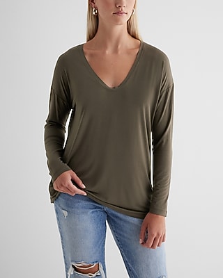 Supersoft Relaxed V-Neck Long Sleeve Tee Green Women's XS