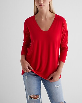 Supersoft Relaxed V-Neck Long Sleeve Tee Red Women's S