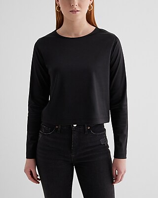 Skimming Satin Crew Neck Long Sleeve Tee Black Women's M