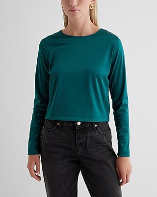 Skimming Satin Crew Neck Long Sleeve Tee Green Women's XS