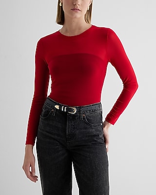 Fitted Mesh Crew Neck Long Sleeve Tee Red Women's L