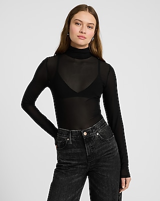 Fitted Mesh Mock Neck Long Sleeve Bodysuit Women M