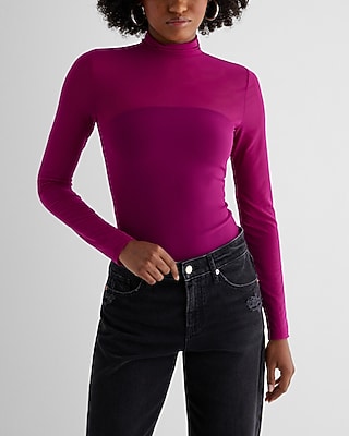 Fitted Mesh Mock Neck Long Sleeve Bodysuit Pink Women's L