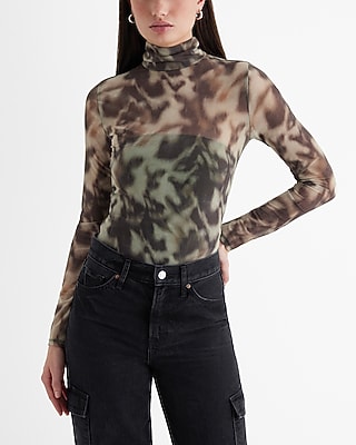 Fitted Mesh Printed Mock Neck Long Sleeve Bodysuit