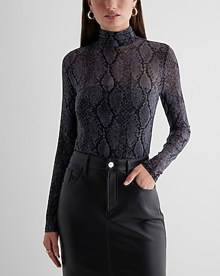 Fitted Mesh Snakeskin Mock Neck Long Sleeve Bodysuit