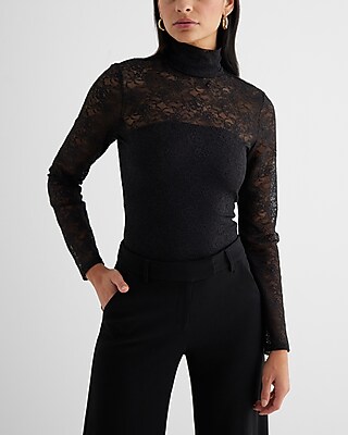 Fitted Lace Mock Neck Long Sleeve Bodysuit Black Women's S