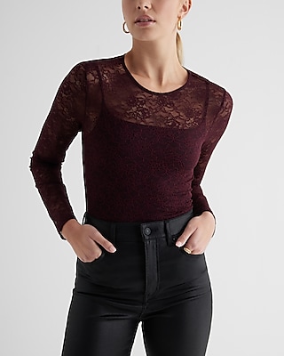 Fitted Lace Crew Neck Long Sleeve Tee Red Women's XS