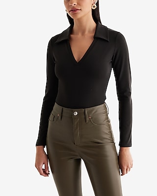 Bodycon High Compression V-Neck Polo Bodysuit Black Women's L