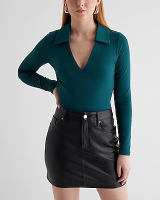 Bodycon High Compression V-Neck Polo Bodysuit Green Women's M