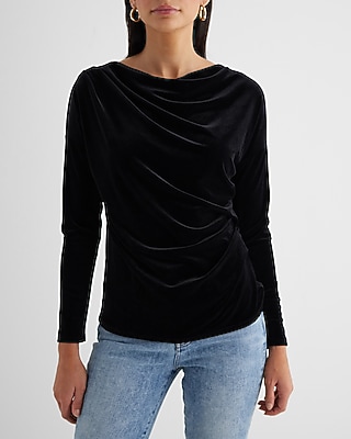 Skimming Velvet Draped Cowl Neck Ruched Side Top