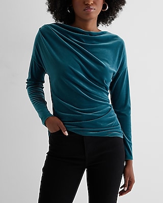Skimming Velvet Draped Cowl Neck Ruched Side Top Green Women's S
