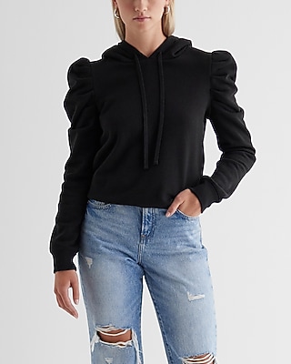 Skimming Puff Sleeve Fleece Hoodie Black Women's XS