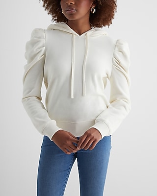 Skimming Puff Sleeve Fleece Hoodie White Women's XL